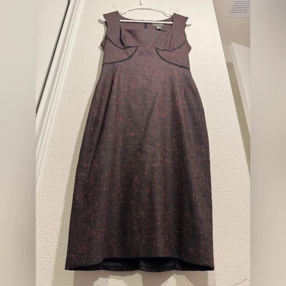 Zac Posen Wool Blend Sheath Dress Womens 8 Black Red Fleck Square Neck Silk - Picture 3 of 10